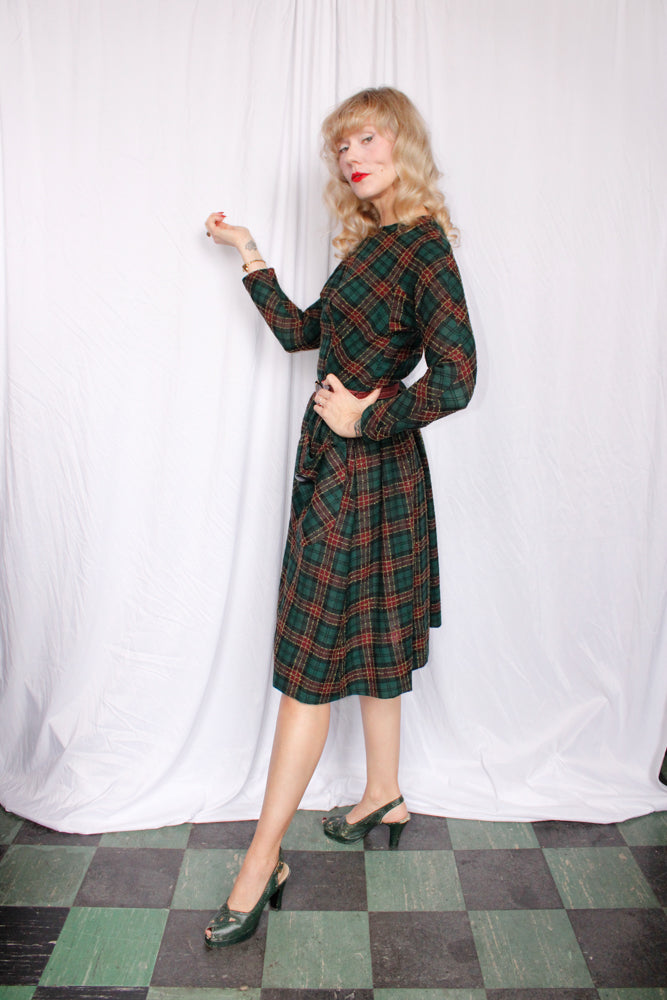 1950s Plaid Big Pocket Wool Dress - Xs/S