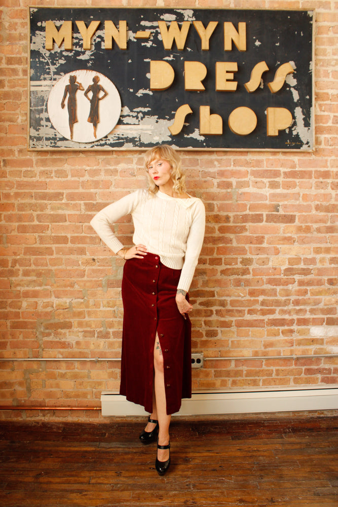 1970s Burgundy Corduroy Maxi Skirt - Medium