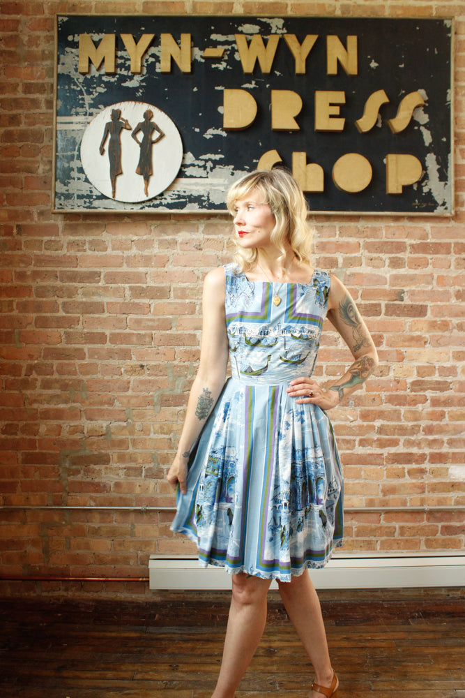 1950s Venice Scenic Border Print Dress - Xsmall