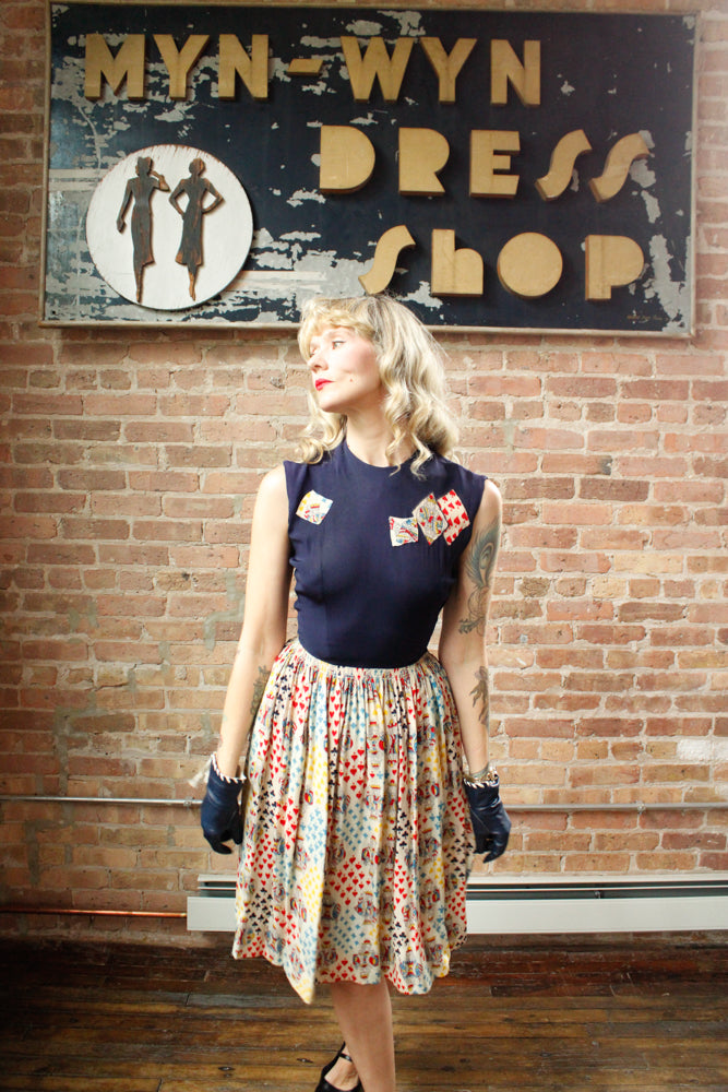 1940s Deck of Card Rayon and Silk Dress - Xsmall 