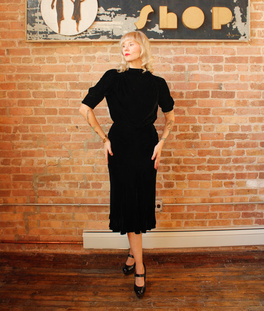 1930s Black Silk Velvet Vintage Dress one of a kind 