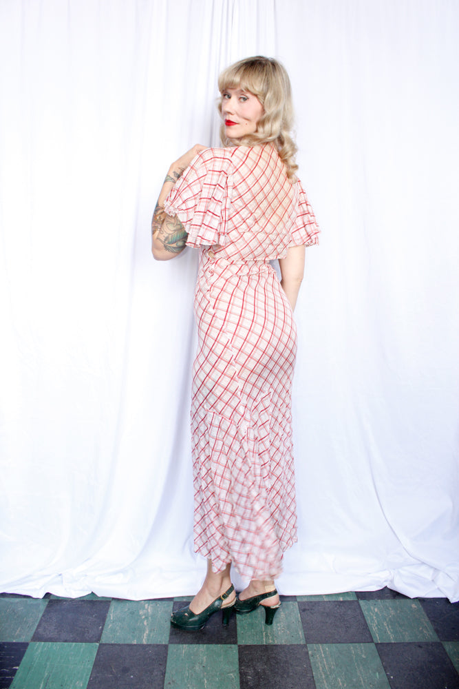 1930s Plaid Cotton Gown & Flutter Sleeve Bolero - Xsmall