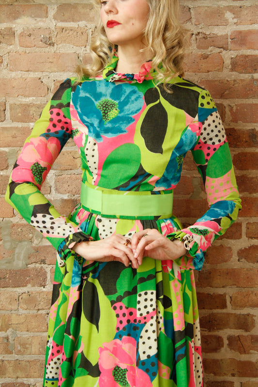 1960s Young Dimensions for Saks Fifth Ave Bold Floral Print Maxi Dress - Small 