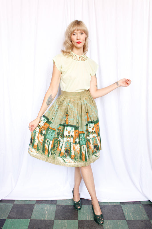 1950s European Village Scenic Border Print Skirt - 26 waist