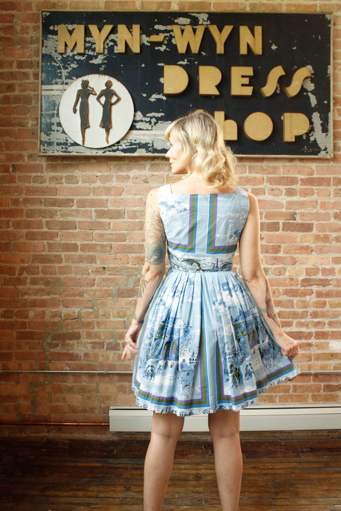 1950s Venice Scenic Border Print Dress - Xsmall