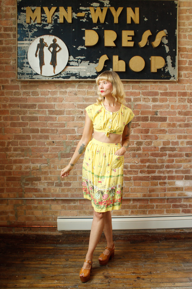 1940s Debby Lou Beach Scene Crop Top & Skirt Set - Xs/Small