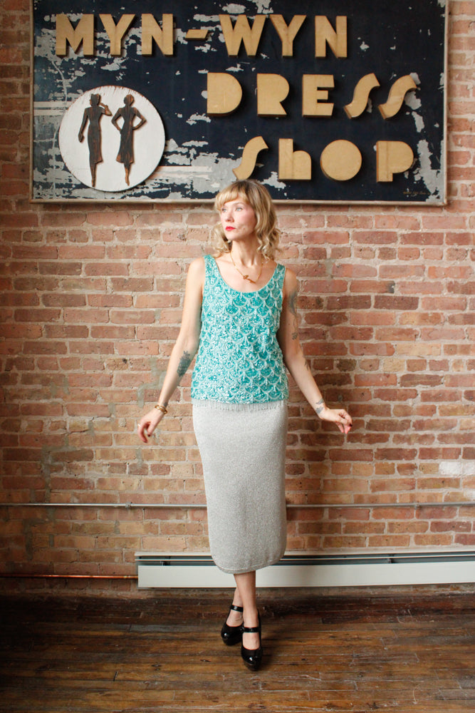  1960s Beaded top & 1990s Silver Knit Maxi Skirt - Medium