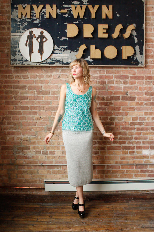  1960s Beaded top & 1990s Silver Knit Maxi Skirt - Medium
