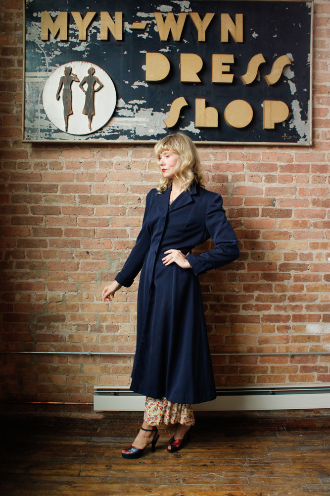 1940s Junior Deb Navy Gabardine Coat - S/M