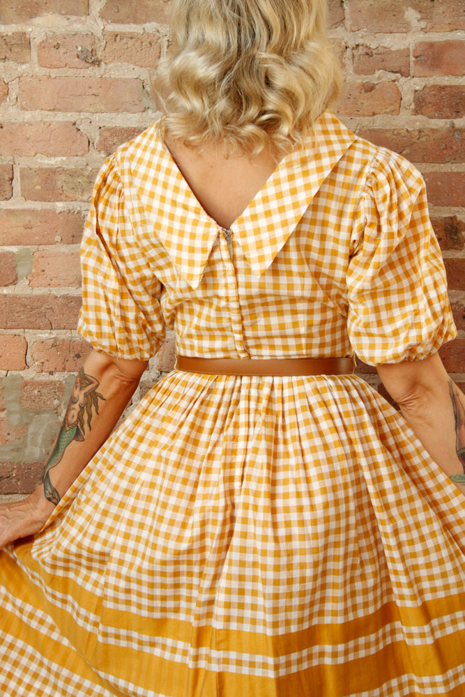 1950s Gingham Gold Cotton Dress - Medium