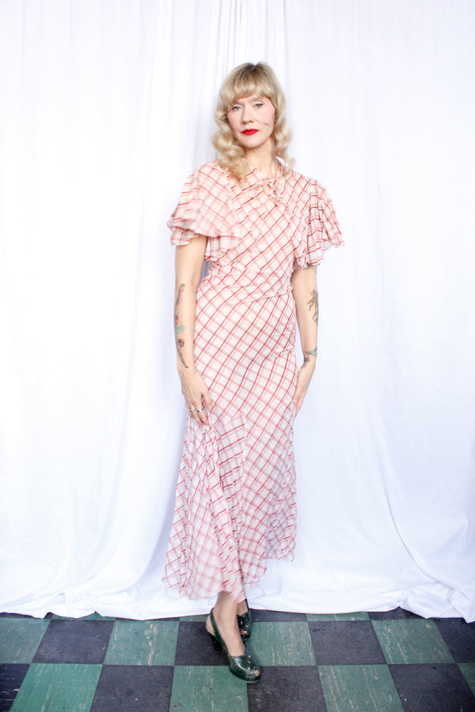 1930s Plaid Cotton Gown & Flutter Sleeve Bolero - Xsmall