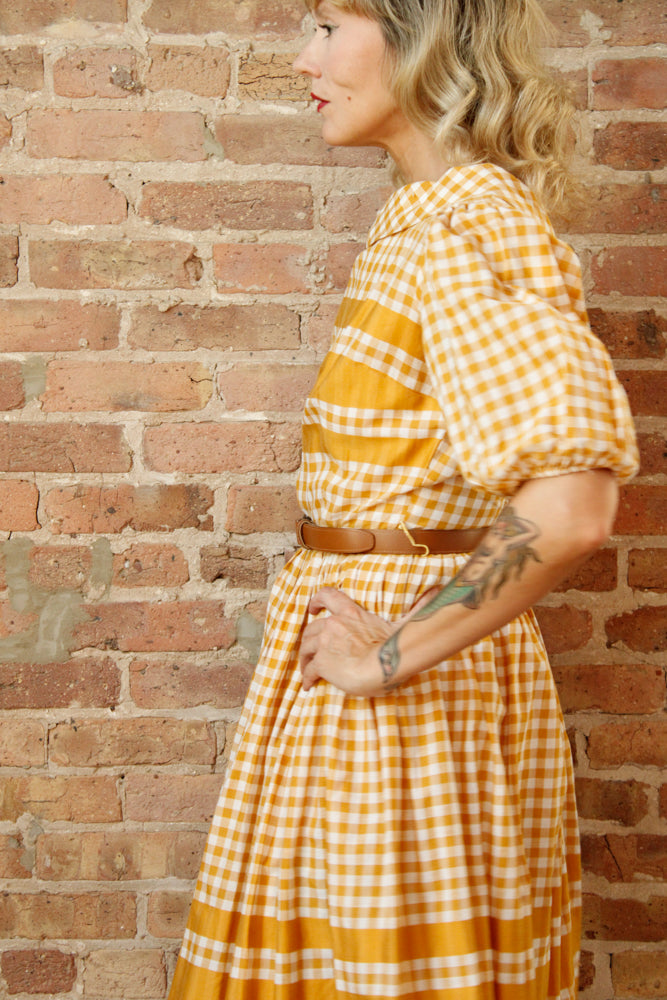 1950s Gingham Gold Cotton Dress - Medium
