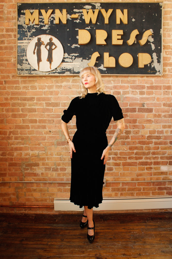1930s Black Silk Velvet Vintage Dress one of a kind 