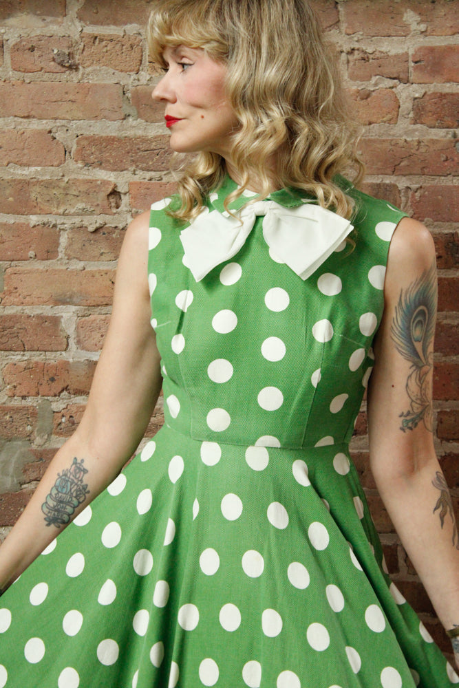1950s Polka Dot Green Cotton Dress - Xsmall 
