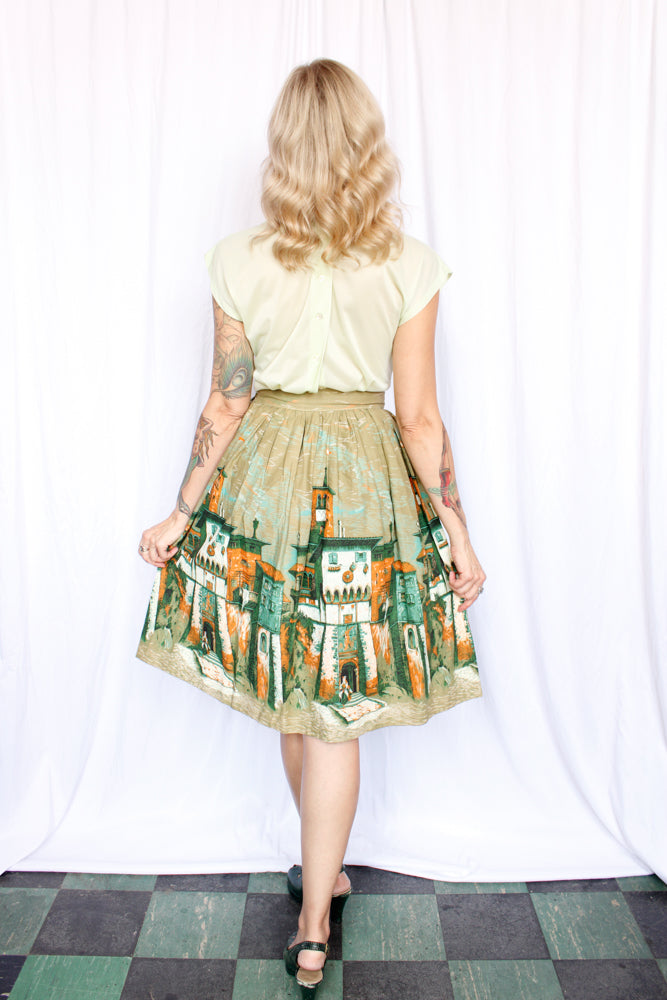 1950s European Village Scenic Border Print Skirt - 26 waist