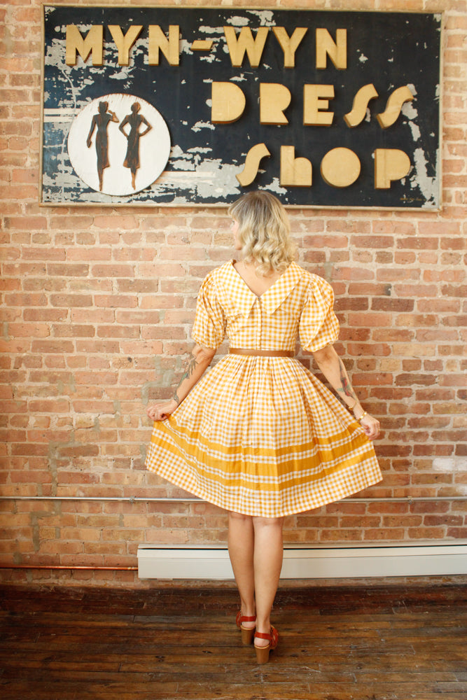 1950s Gingham Gold Cotton Dress - Medium