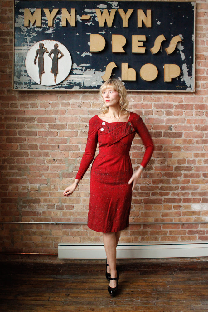 1950s Salt n Pepper Red Wool Wiggle Dress - Small Petite