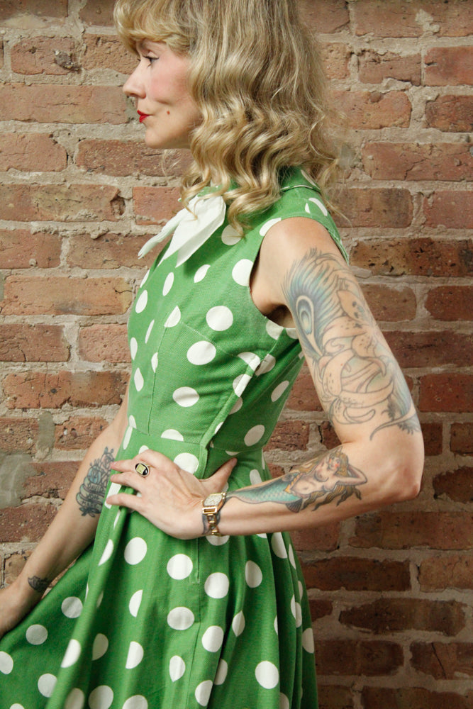 1950s Polka Dot Green Cotton Dress - Xsmall 