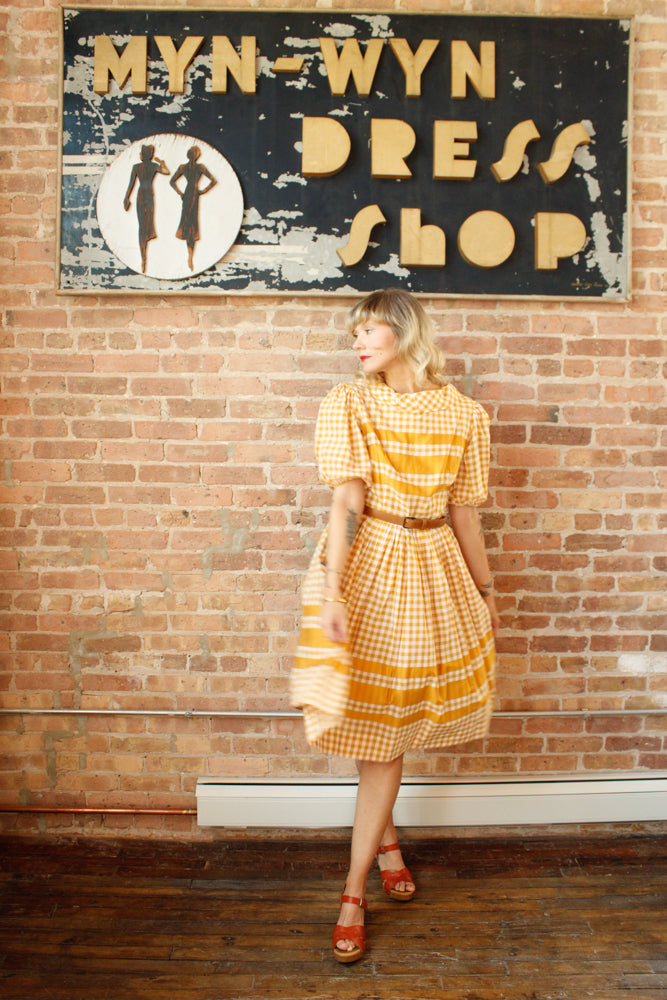 1950s Gingham Gold Cotton Dress - Medium