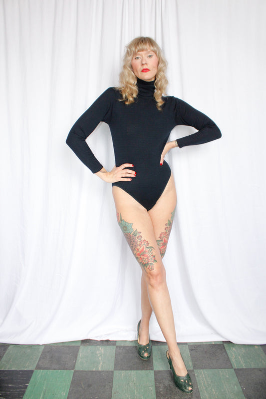 1990s Navy Ribbed Knit Turtleneck Bodysuit - Medium