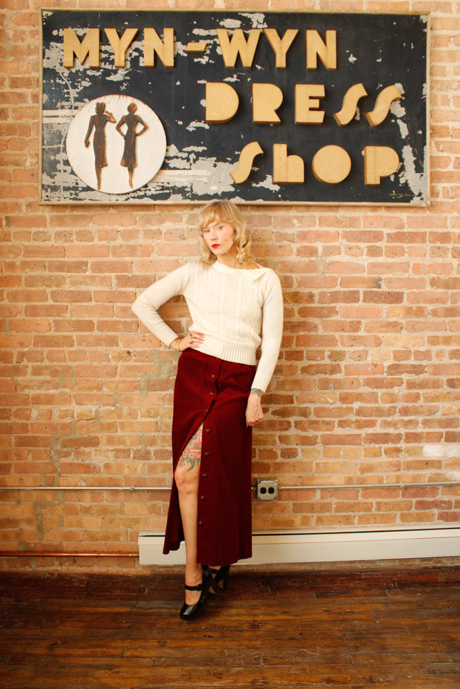 1970s Burgundy Corduroy Maxi Skirt - Medium