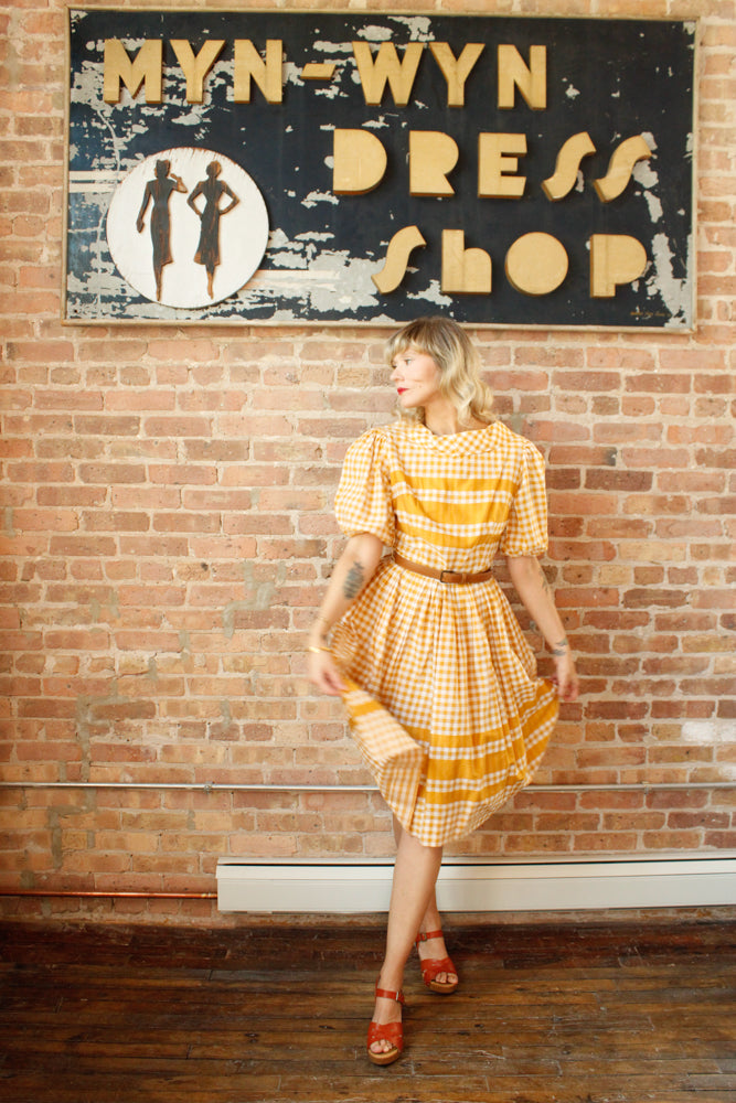1950s Gingham Gold Cotton Dress - Medium