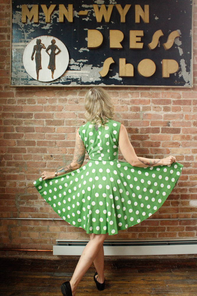 1950s Polka Dot Green Cotton Dress - Xsmall 