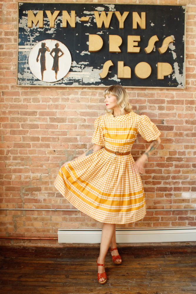 1950s Gingham Gold Cotton Dress - Medium