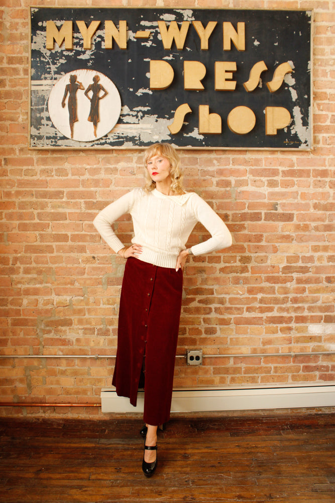 1970s Burgundy Corduroy Maxi Skirt - Medium