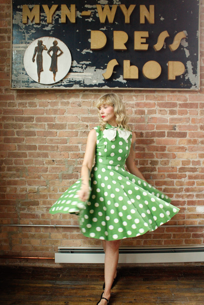 1950s Polka Dot Green Cotton Dress - Xsmall 