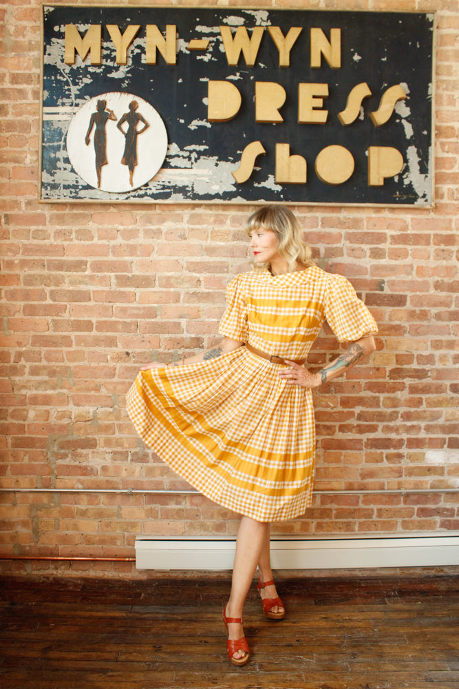 1950s Gingham Gold Cotton Dress - Medium