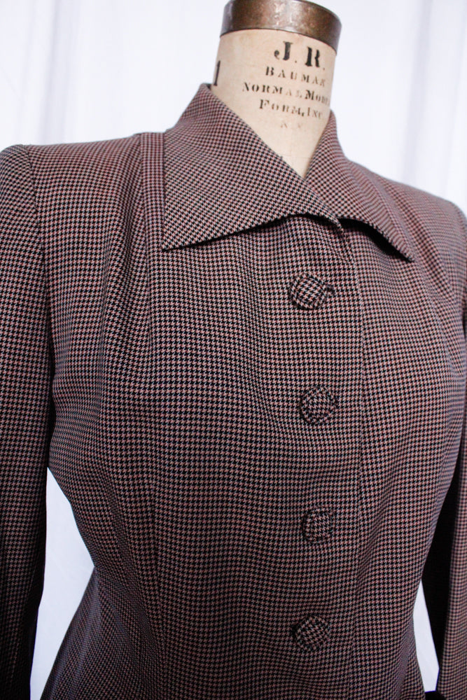 1940s Pink & Navy Houndstooth Gabardine Suit - Medium