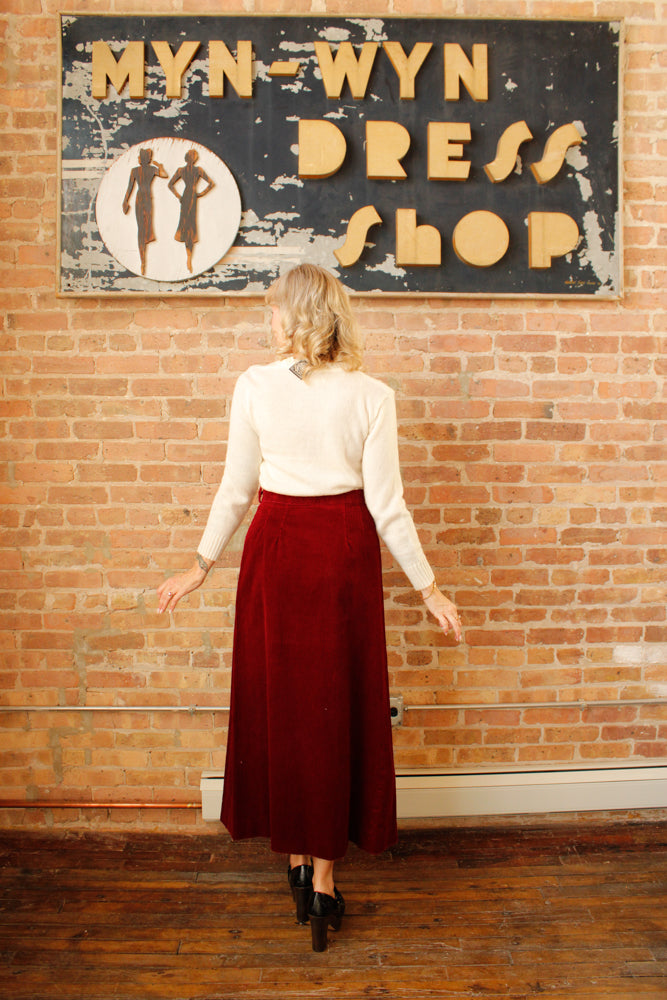 1970s Burgundy Corduroy Maxi Skirt - Medium