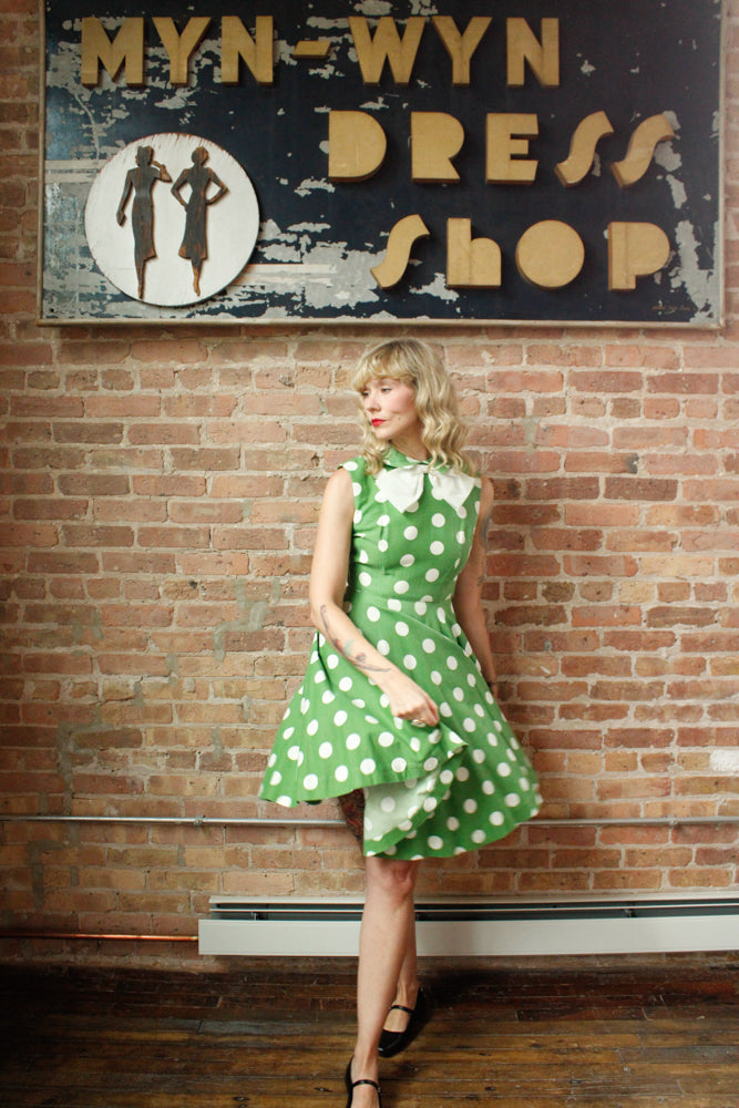 1950s Polka Dot Green Cotton Dress - Xsmall 