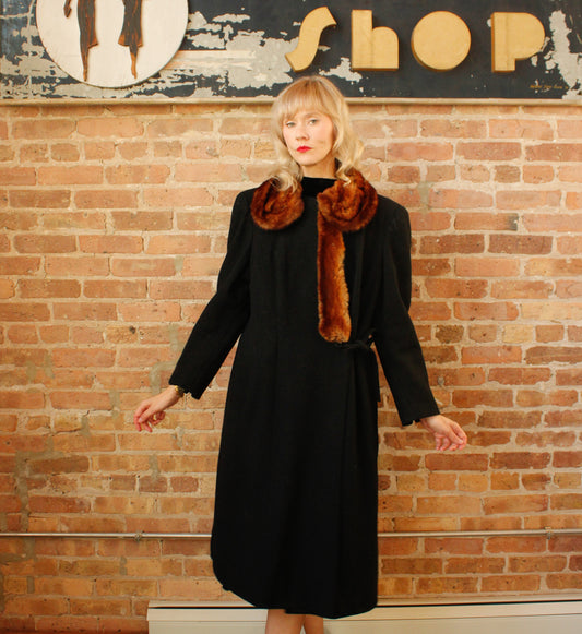 1920s Black Wool with Fur Collar Joseph Hone Co. Winter Coat - Large