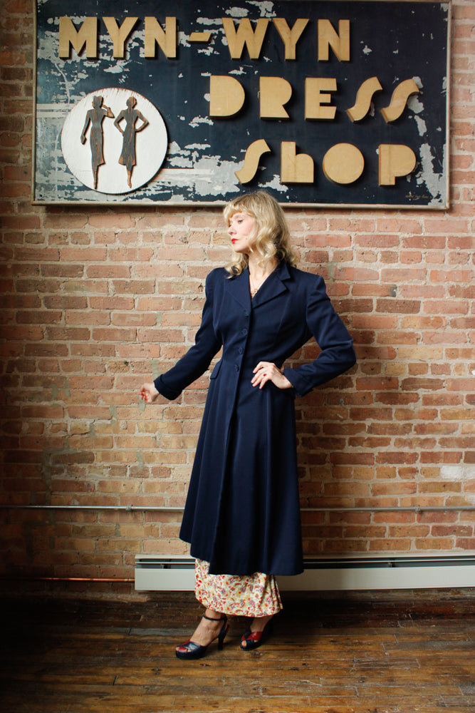 1940s Junior Deb Navy Gabardine Coat - S/M