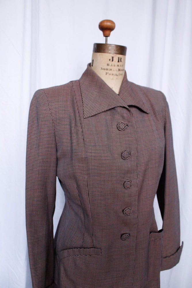 1940s Pink & Navy Houndstooth Gabardine Suit - Medium