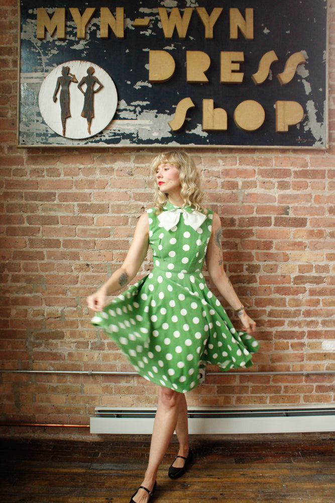 1950s Polka Dot Green Cotton Dress - Xsmall 