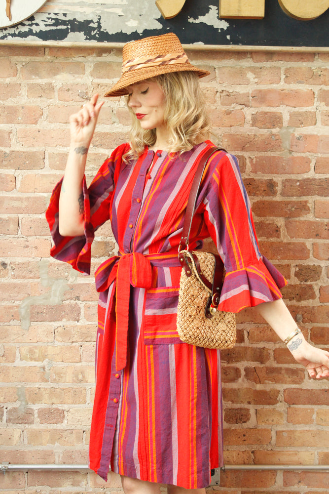 1970s Guatemalan Cotton Bright Red and Purple Stripe Dress - M/L