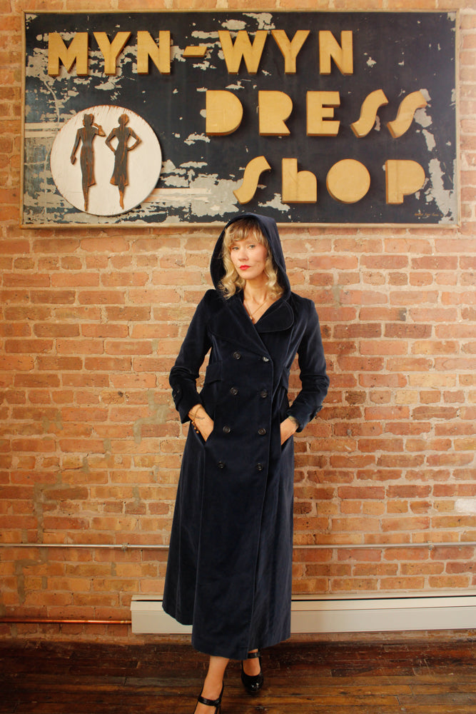 1970s Blue Hooded Cotton Velvet Coat - Medium