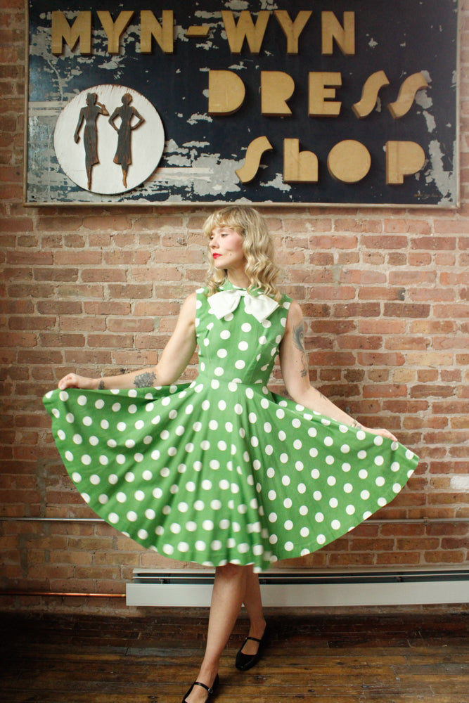 1950s Polka Dot Green Cotton Dress