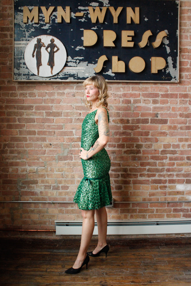 1960s Green Ribbon and Sequin Cocktail Dress - Small 