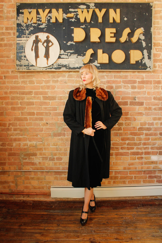 1920s Black Wool with Fur Collar Joseph Hone Co. Winter Coat - Large