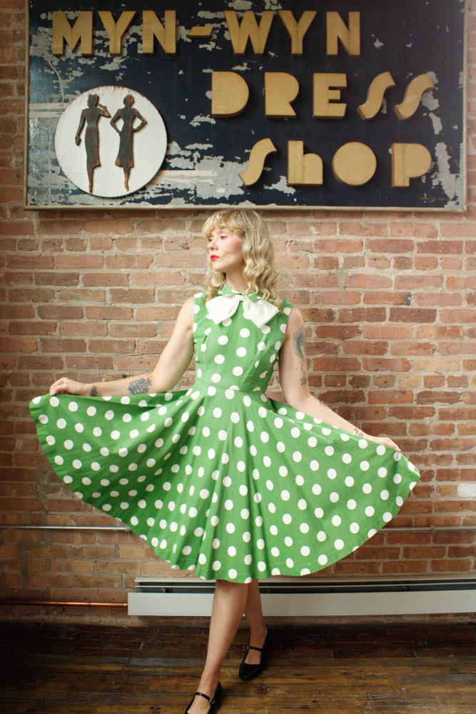 1950s Polka Dot Green Cotton Dress - Xsmall 