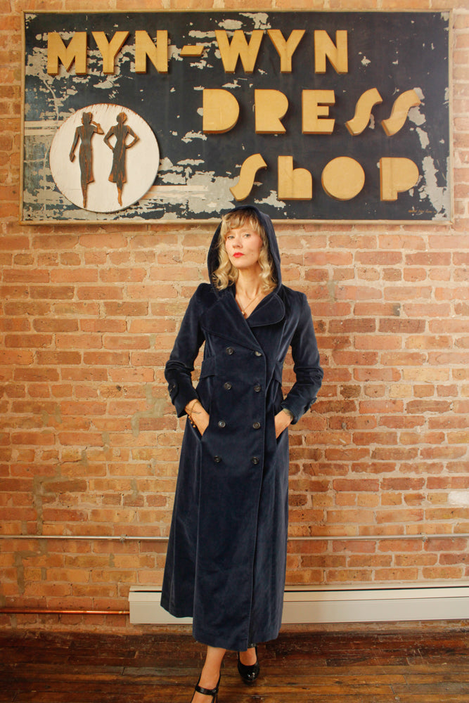 1970s Blue Hooded Cotton Velvet Coat - Medium