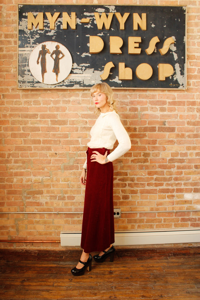1970s Burgundy Corduroy Maxi Skirt - Medium