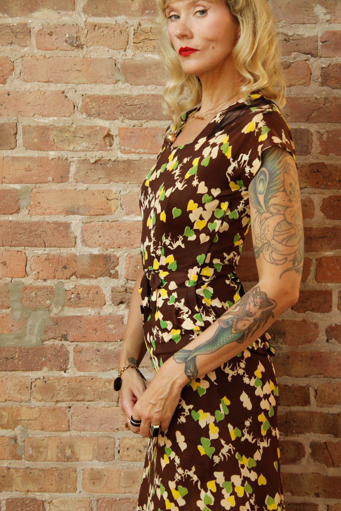 1940s Horse Novelty Print Rayon Jersey Dress - Small