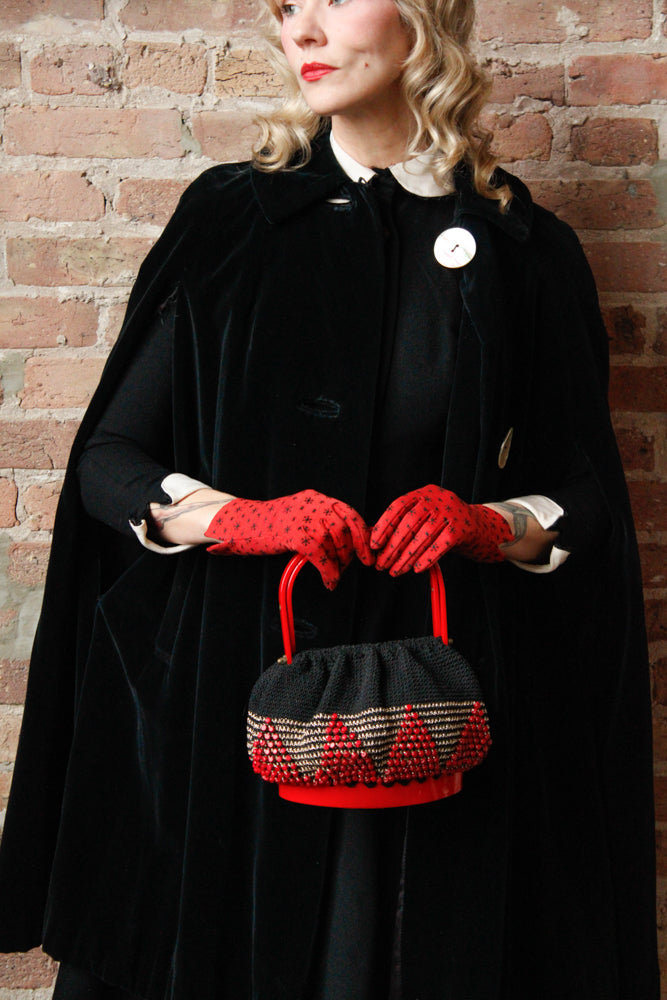 1940s RARE Red Lucite &  Silver & Black Deco Knit Bag