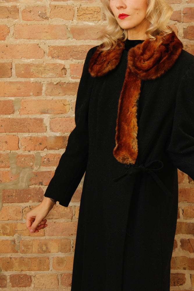 1920s Black Wool with Fur Collar Joseph Hone Co. Winter Coat - Large