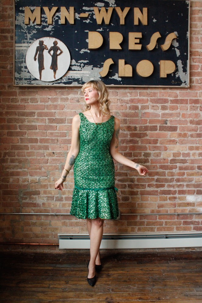 1960s Green Ribbon and Sequin Cocktail Dress - Small 